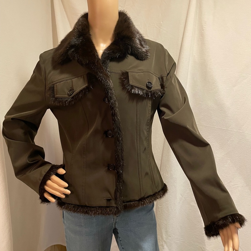 Faux-Fur Trim Dark Brown Women's Leather-Style Jacket